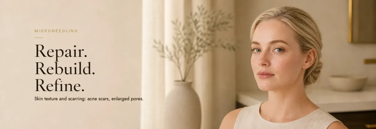 Microneedling at Riviera Aesthetic. Repair. Rebuild. Refine. Skin texture and scarring: acne scars, enlarged pores.