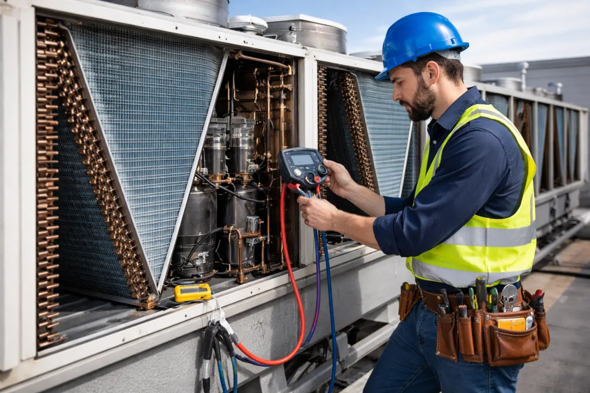 HVAC technician diagnosing system performance decline
