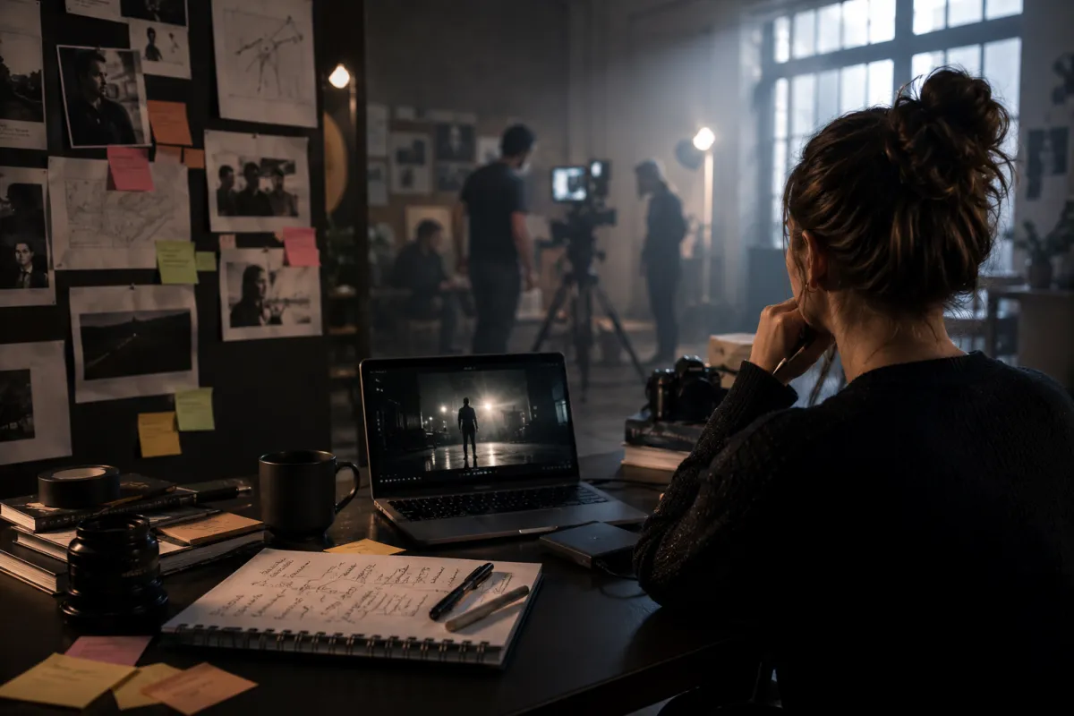 Filmemacherin sitzt an einem Arbeitstisch vor Laptop, Drehnotizen und Recherchematerial, während im Hintergrund ein Filmset mit Kamera und Licht entsteht – als Symbol für strategische Sichtbarkeit im Film.