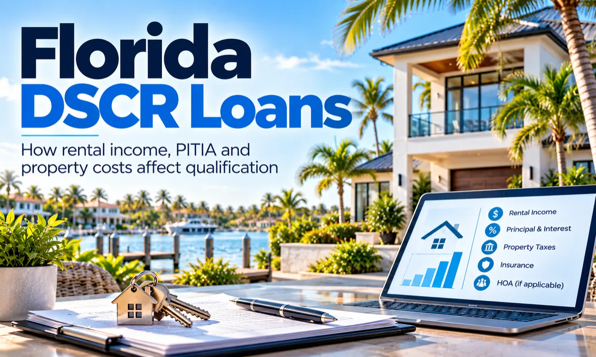 Florida DSCR loan graphic showing a rental property, rental income and PITIA costs including principal, interest, taxes, insurance and HOA.