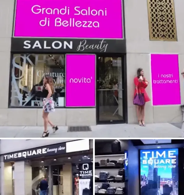 Insegna rosa del salone Grandi Saloni di Bellezza con vetrina promozionale e claim “La tua immagine merita il meglio”