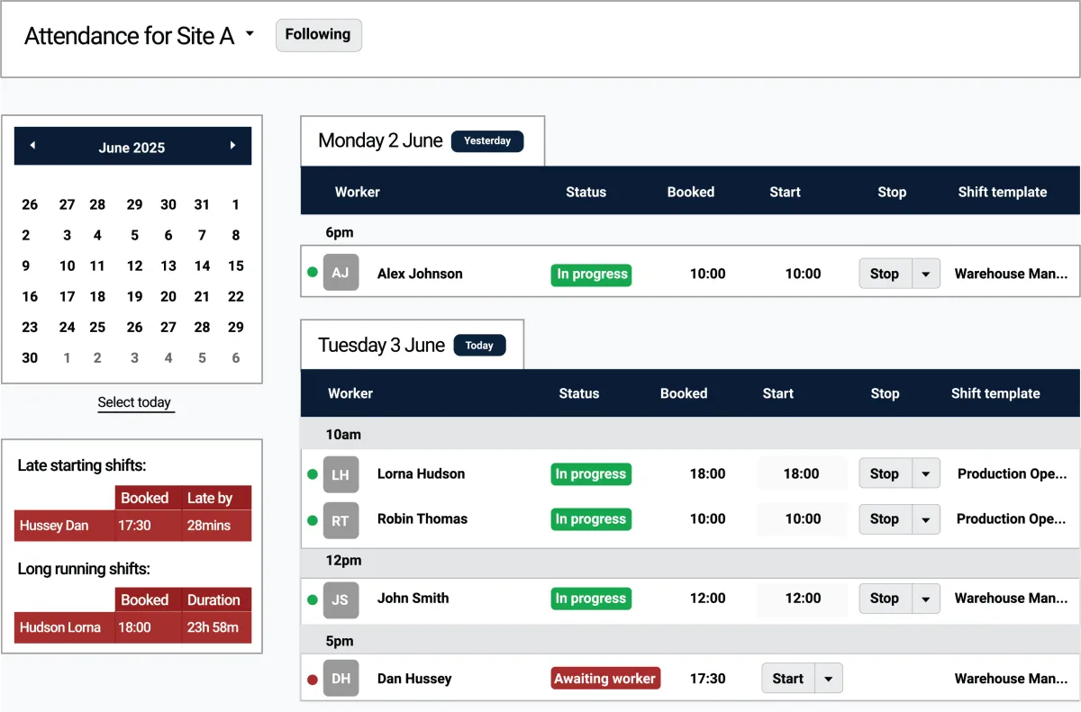 Frontline operations manager reviewing a large touchscreen schedule