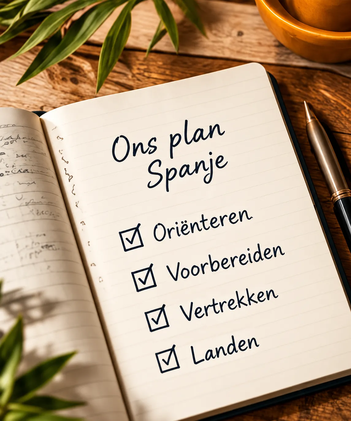 Top-down view of an open notebook with handwritten text 'Ons plan Spanje' and a checklist, sitting on a wooden table next to a cup of coffee and a small plant.