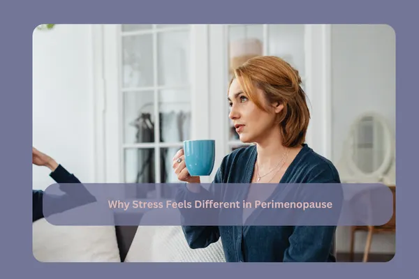 Woman sitting on a couch looking thoughtful and slightly fatigued, reflecting midlife stress and hormonal changes