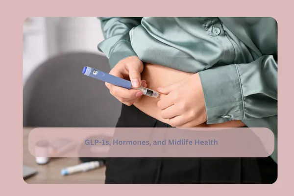 Midlife woman using a GLP-1 injection pen, illustrating support for hormonal and metabolic shifts during perimenopause and menopause