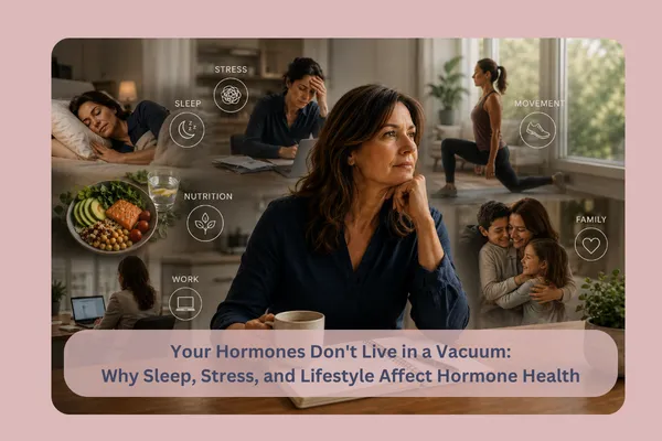 Midlife woman reflecting at a kitchen table surrounded by symbols of sleep, stress, work, and wellness, representing whole-body hormone health.