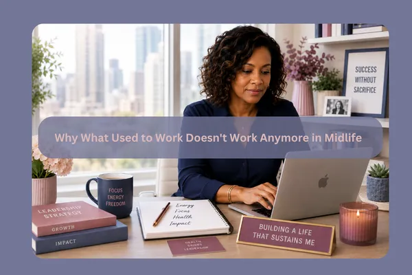 Midlife African American businesswoman working at her computer in a bright office, symbolizing women's health, leadership, energy, focus, and sustainable success.