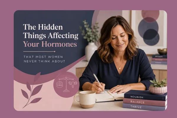 A thoughtful midlife woman writes in a journal beside simple wellness icons, representing the hidden lifestyle factors that influence hormone health beyond hormones alone.