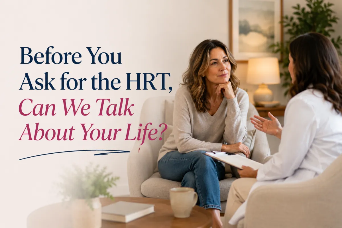 A midlife woman having a thoughtful, engaged conversation with her healthcare provider about her health and treatment options.