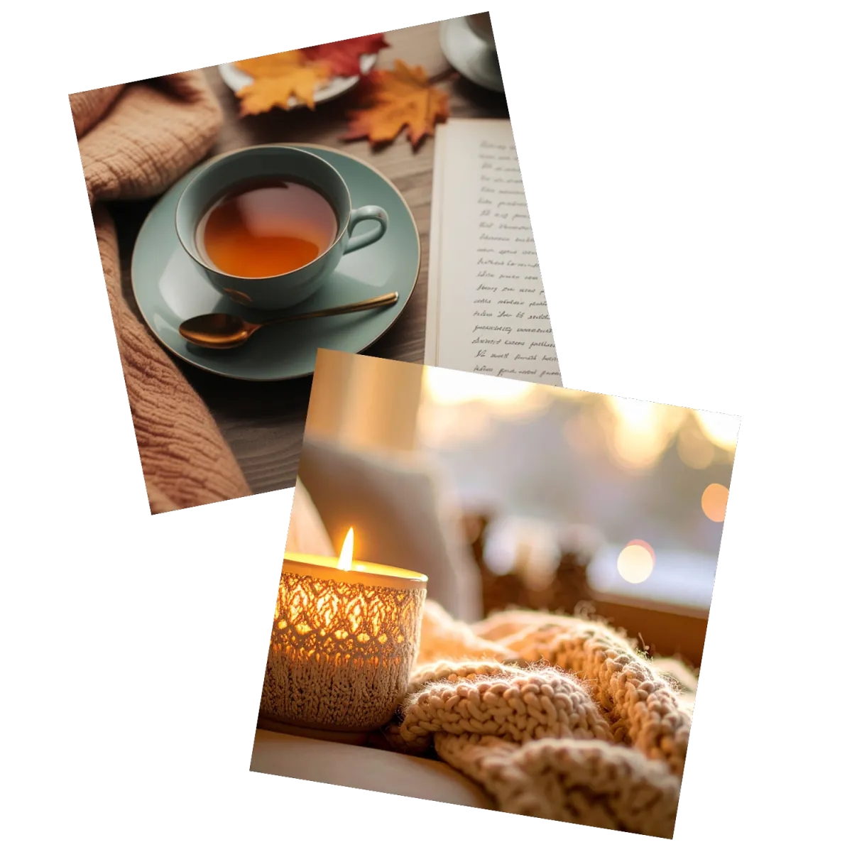 2 images stacked together of a cup of tea and a journal then a candle and crochet blanket