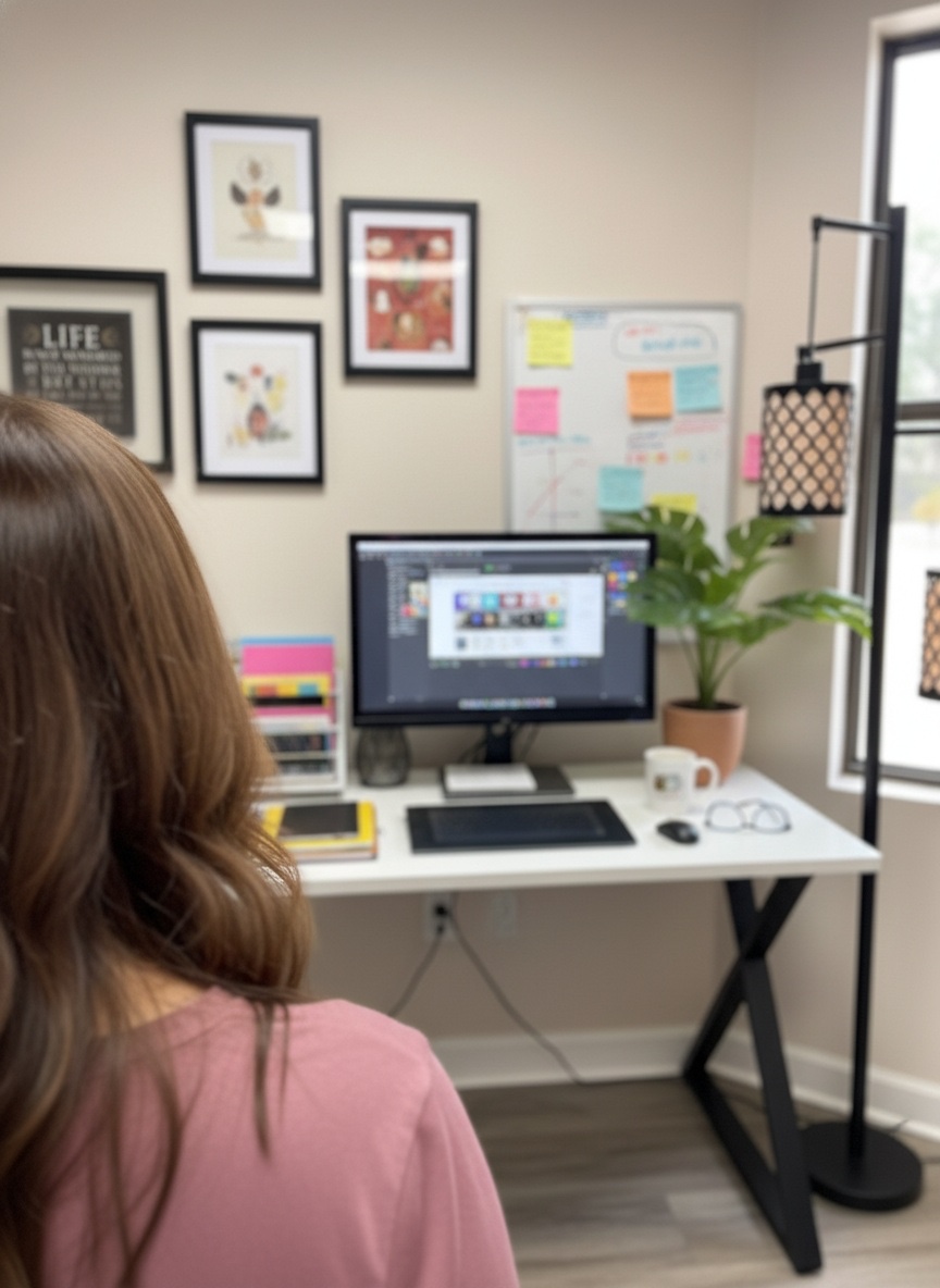 Piper looking away towards computer and desk