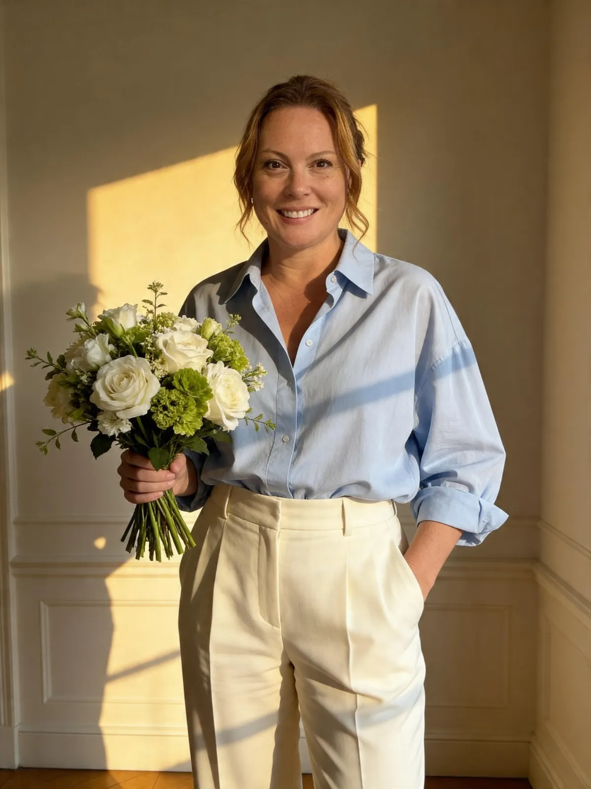 Piper Cabebe smiling inside a room holding flower bouquet