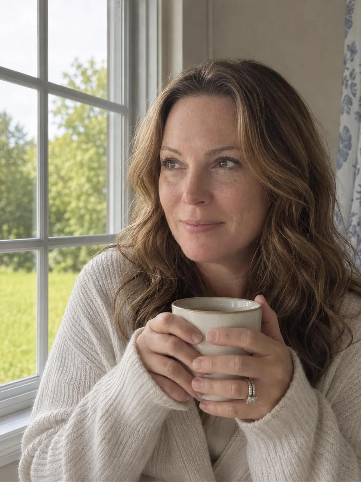 Piper looking out a window with a mug in her hand.