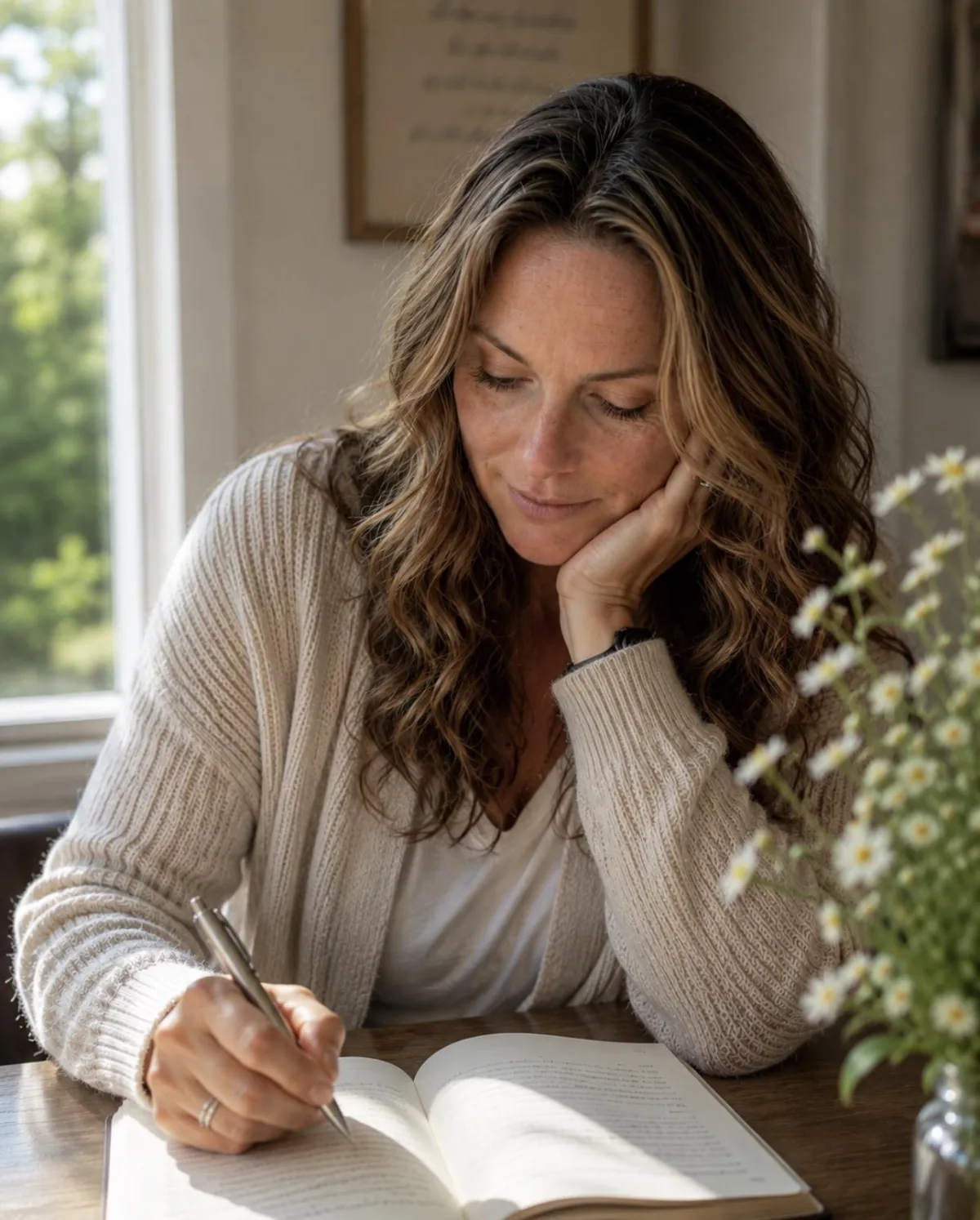 woman journaling in a room with a window and flowers on the desk