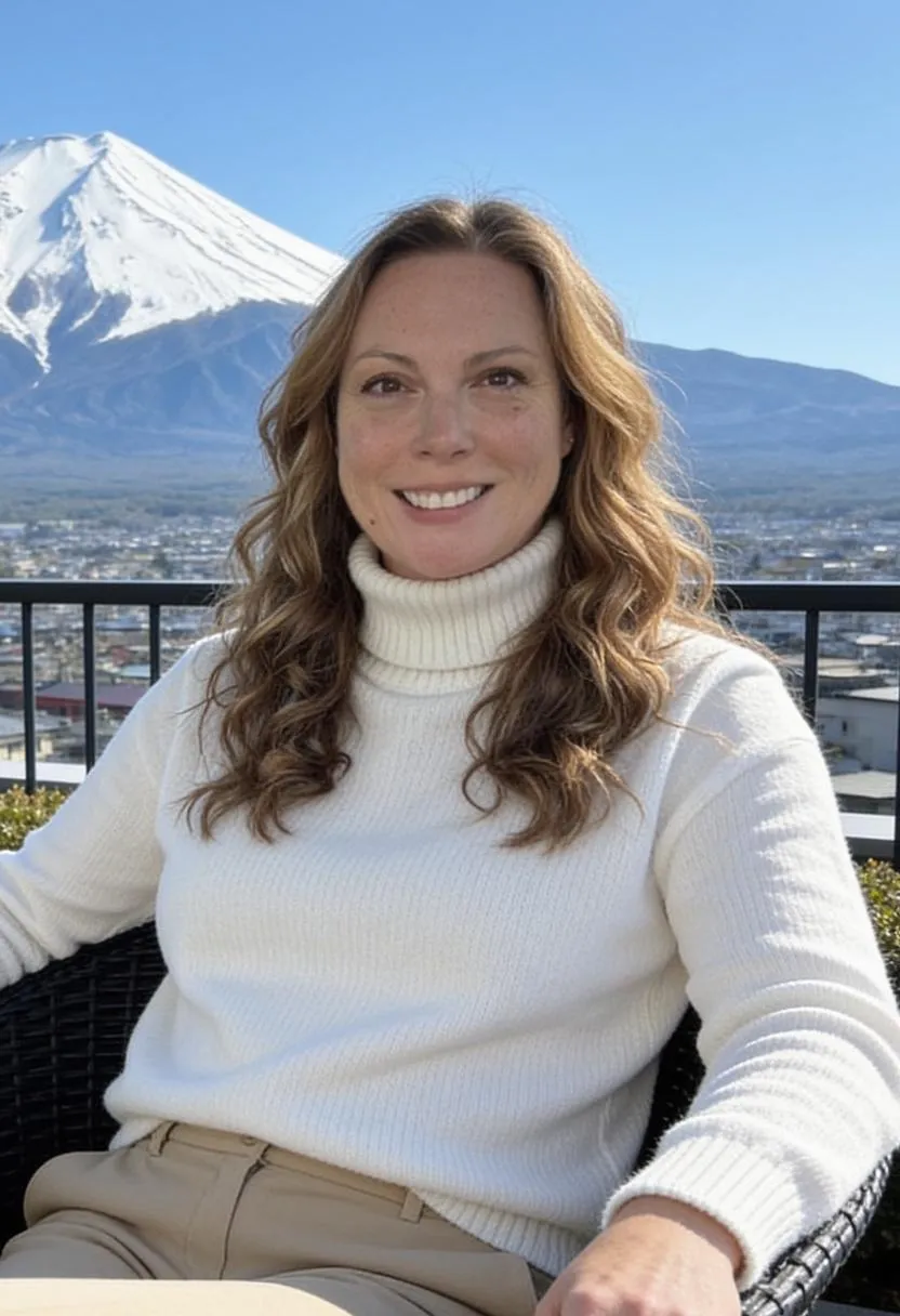 Piper smiling outside on a terrace with a mountain and city in behind her
