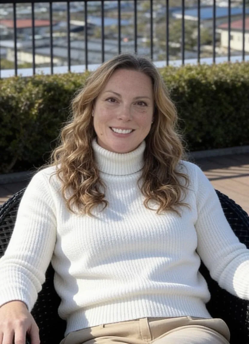 Piper Cabebe smiling on a chair with cream colored sweater an sofa.
