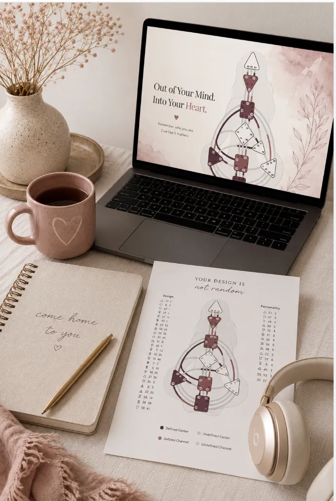 human design chart, laptop and mug on a table