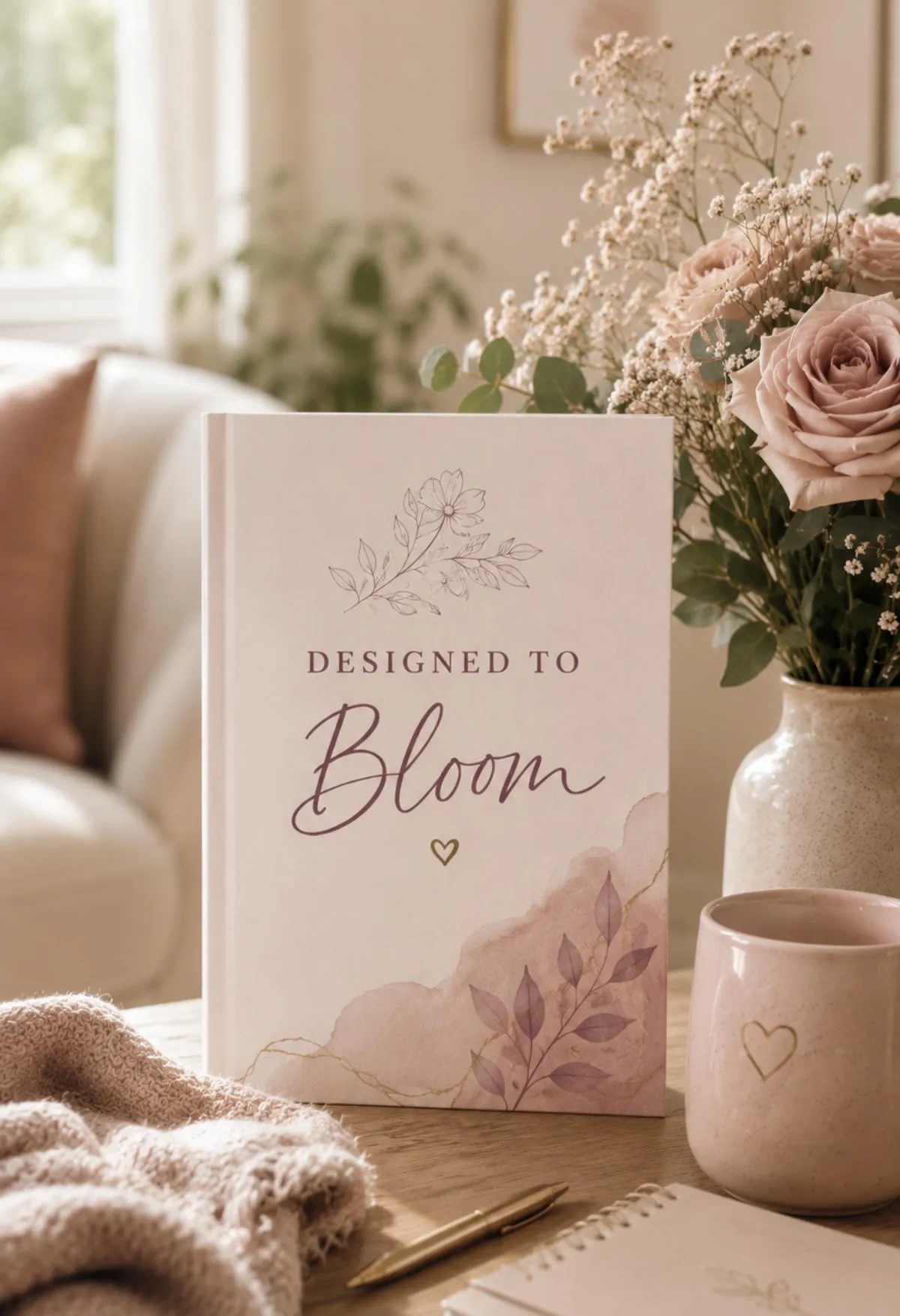 soft pink and white cozy back drop with Designed to Bloom on journal cover