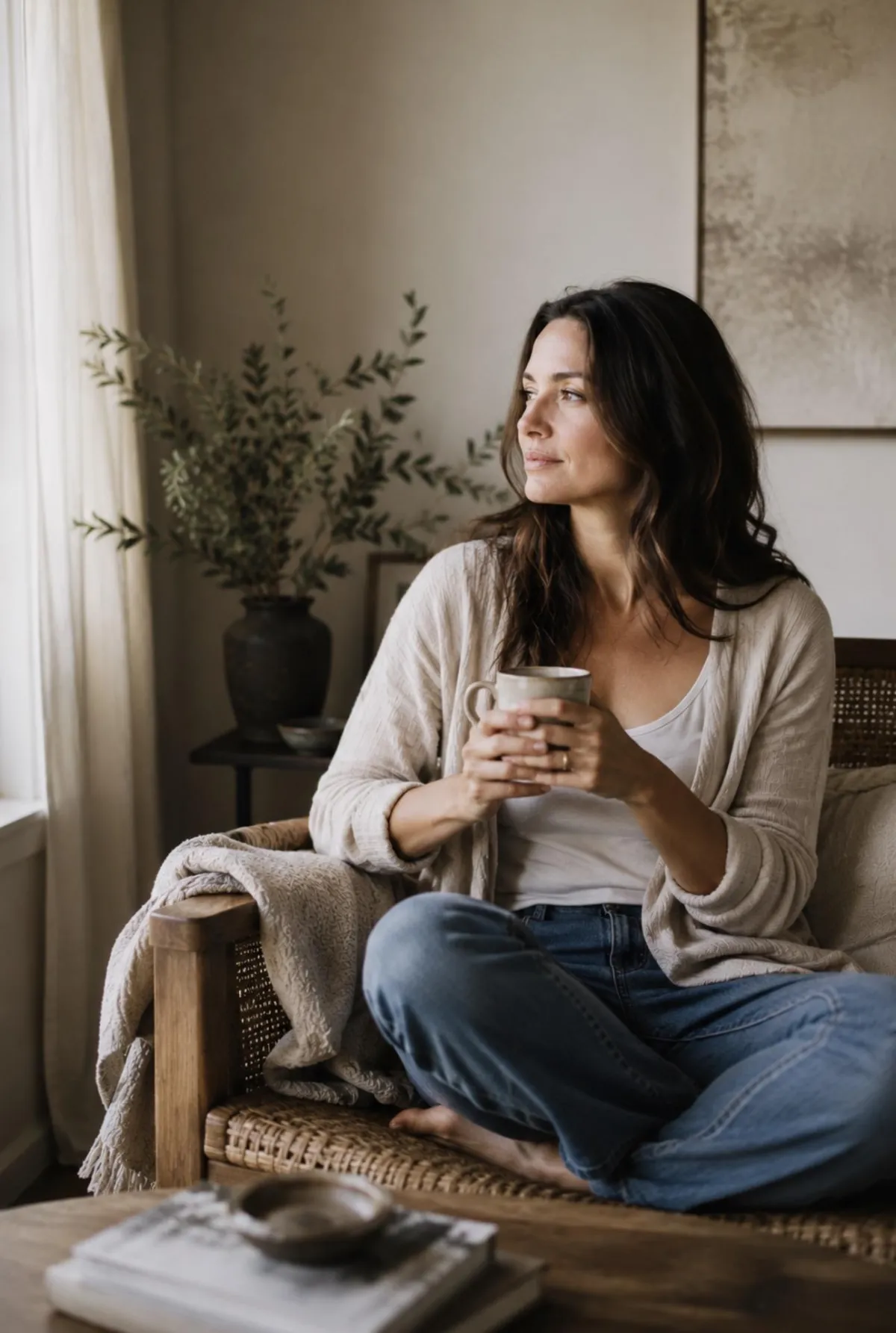 woman looking out a window with a mug in her hand