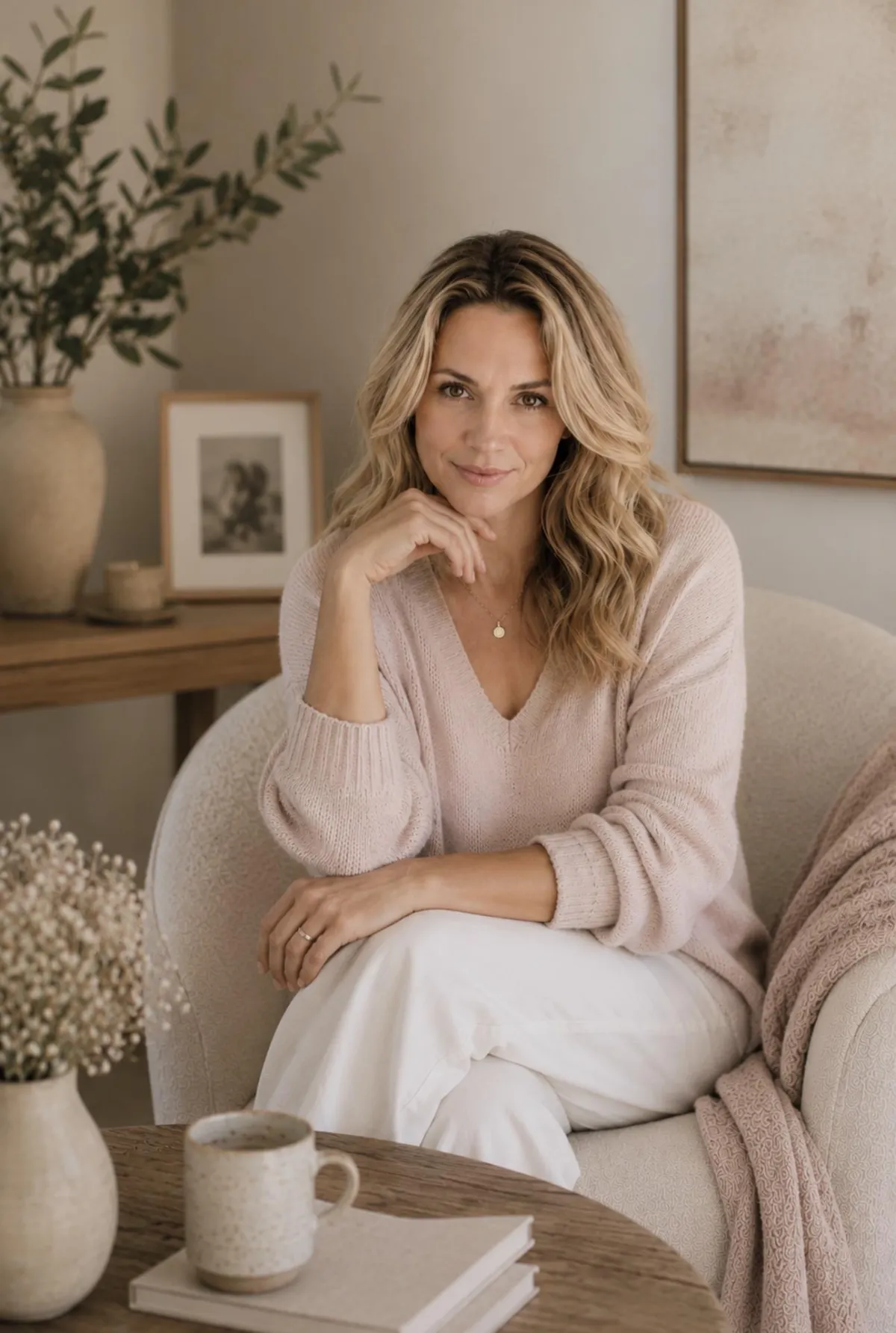 Woman looking across the room in  soft cozy seater