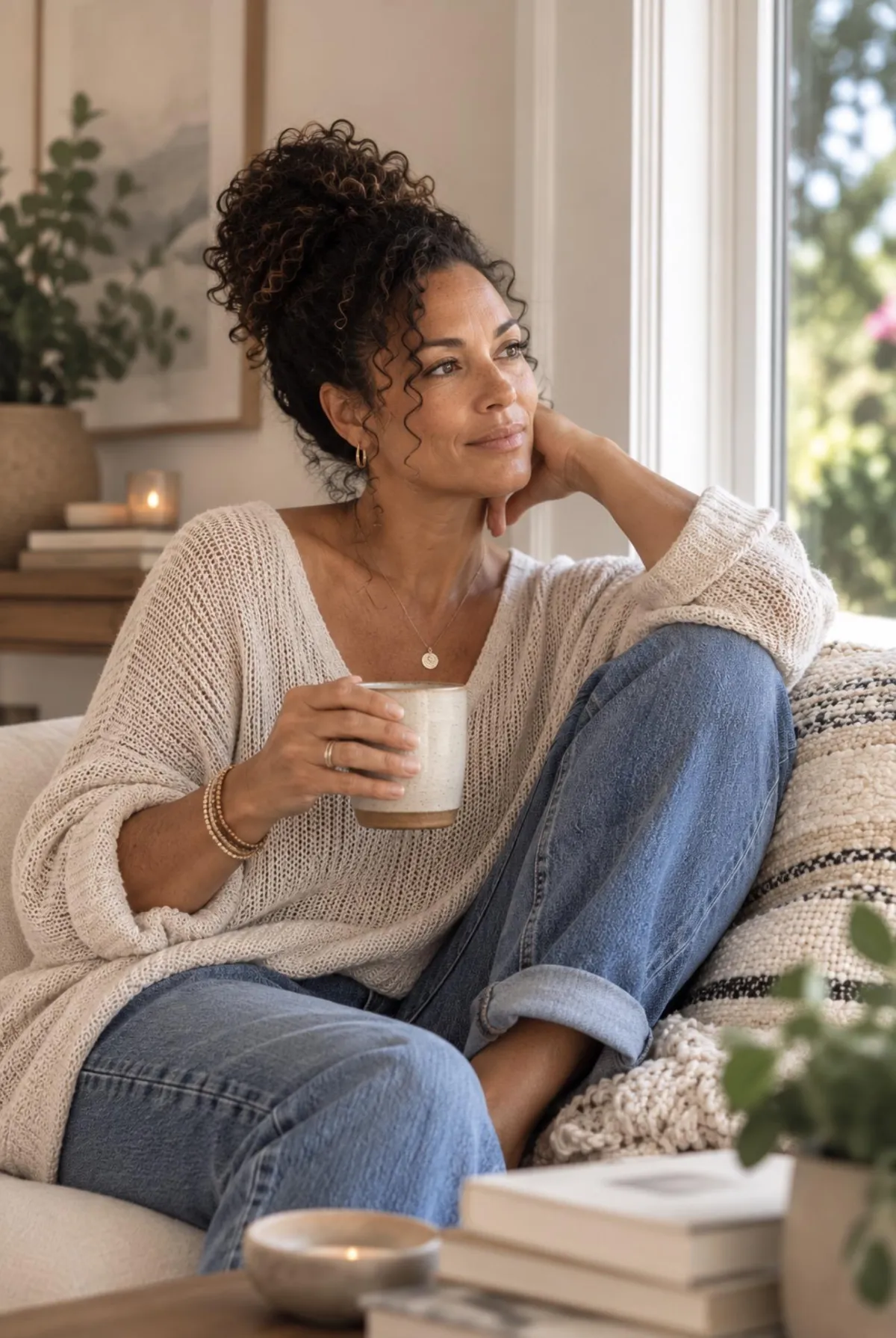 woman looking out the window sitting in a chair 