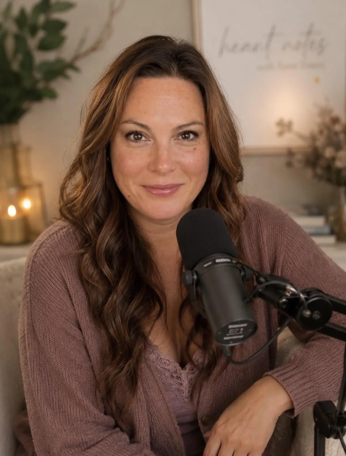 Piper Cabebe smiling with podcast microphone