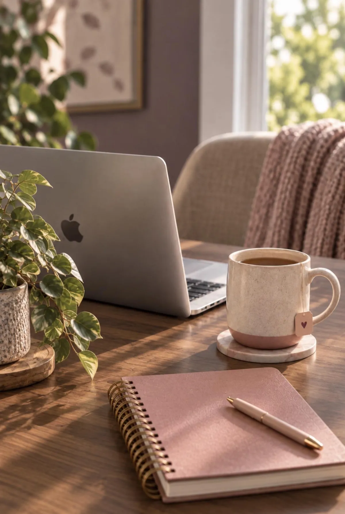 journal, laptop and mug on a table