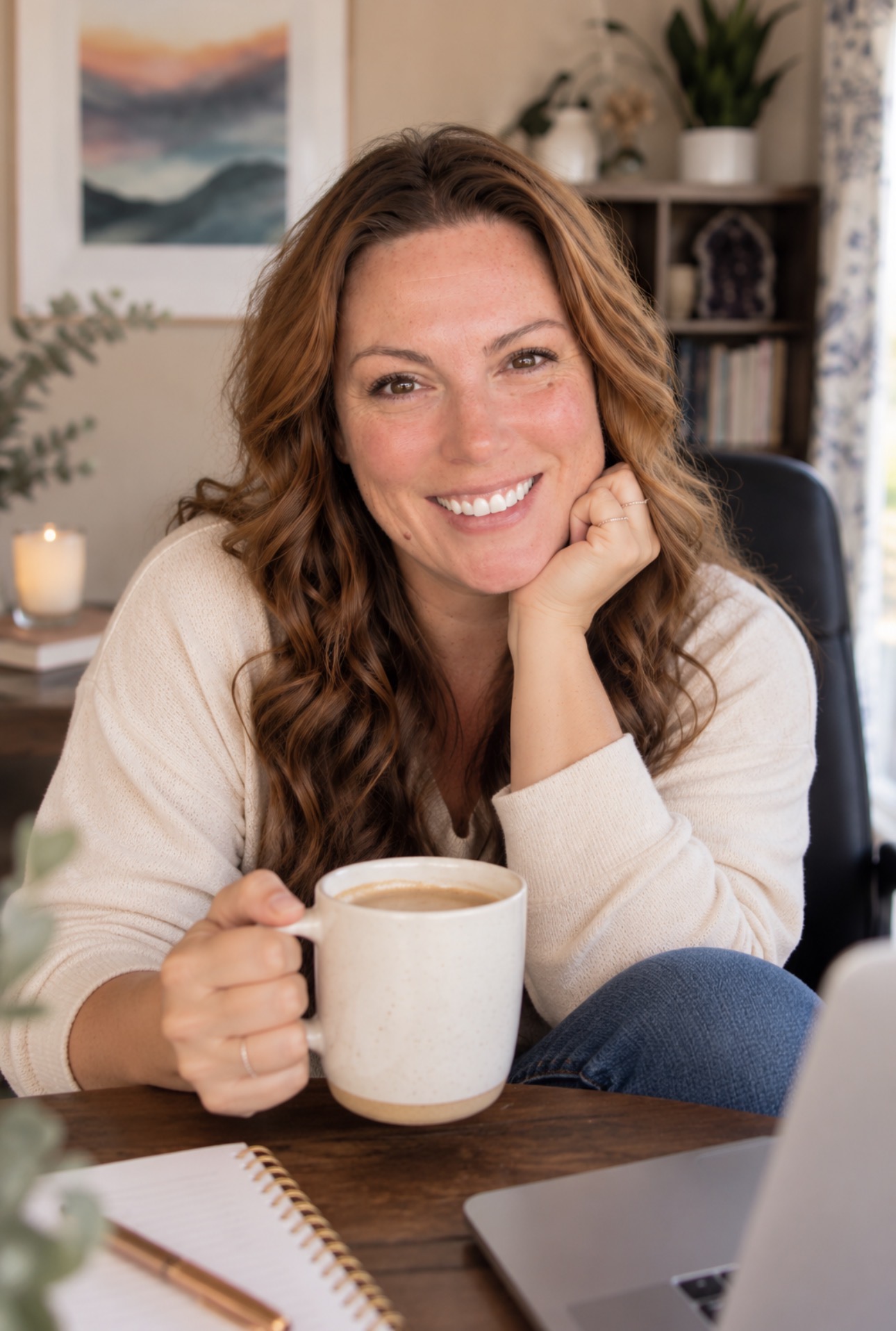 Piper Cabebe smiling in cream sweater with coffee in a mug