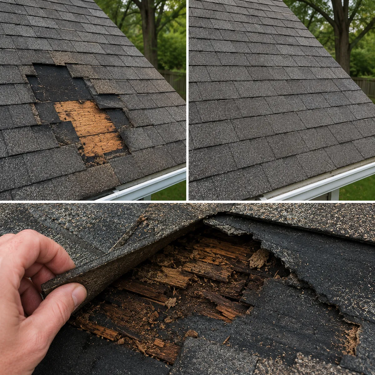 Roof Repair Damaged Shingles And Exposed Decking Photos