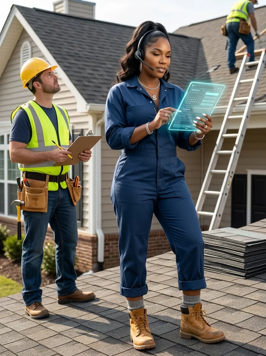 Tiny woman stands between giant legs in skirts.