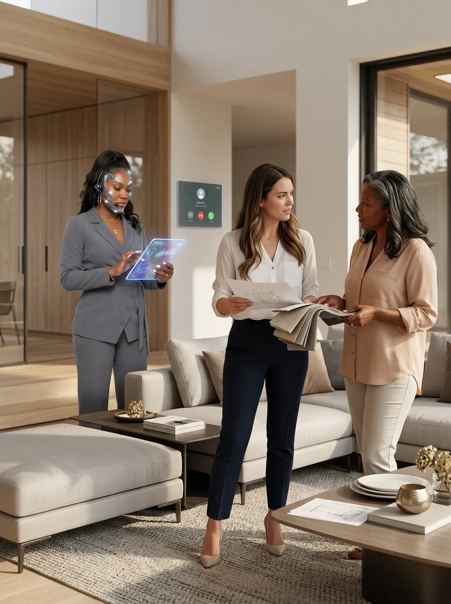 Woman happily vacuuming a bright, modern room