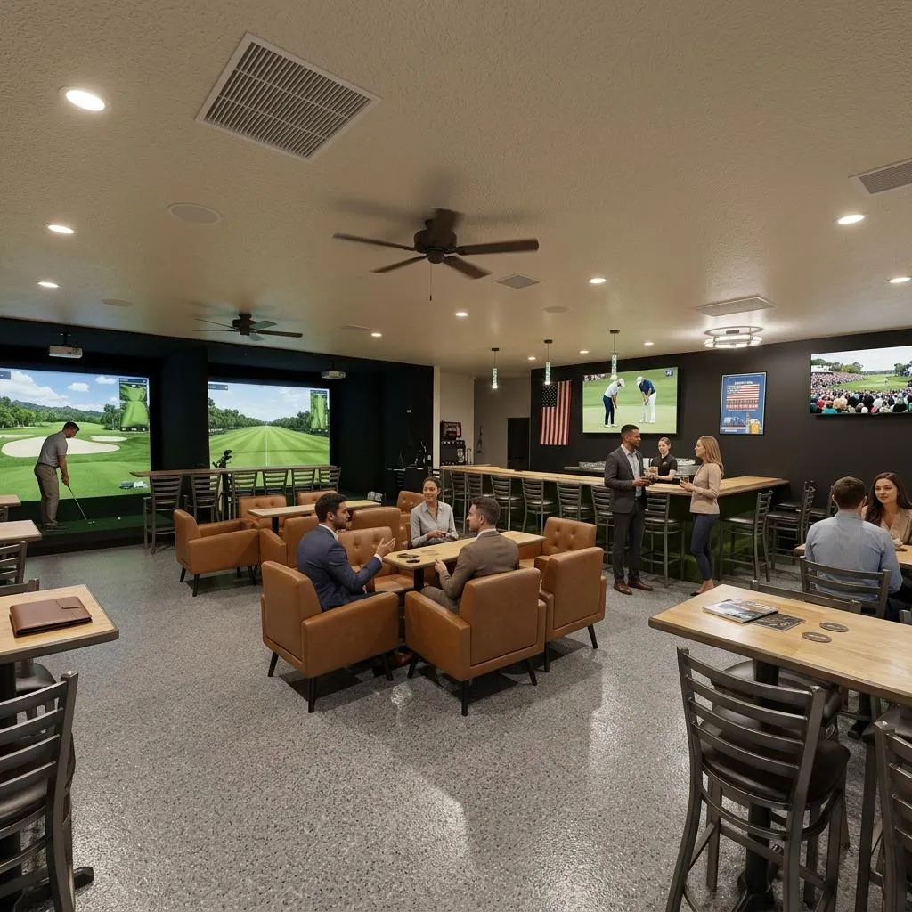 Sophisticated private lounge and simulator suite at Onix Indoor Golf Club