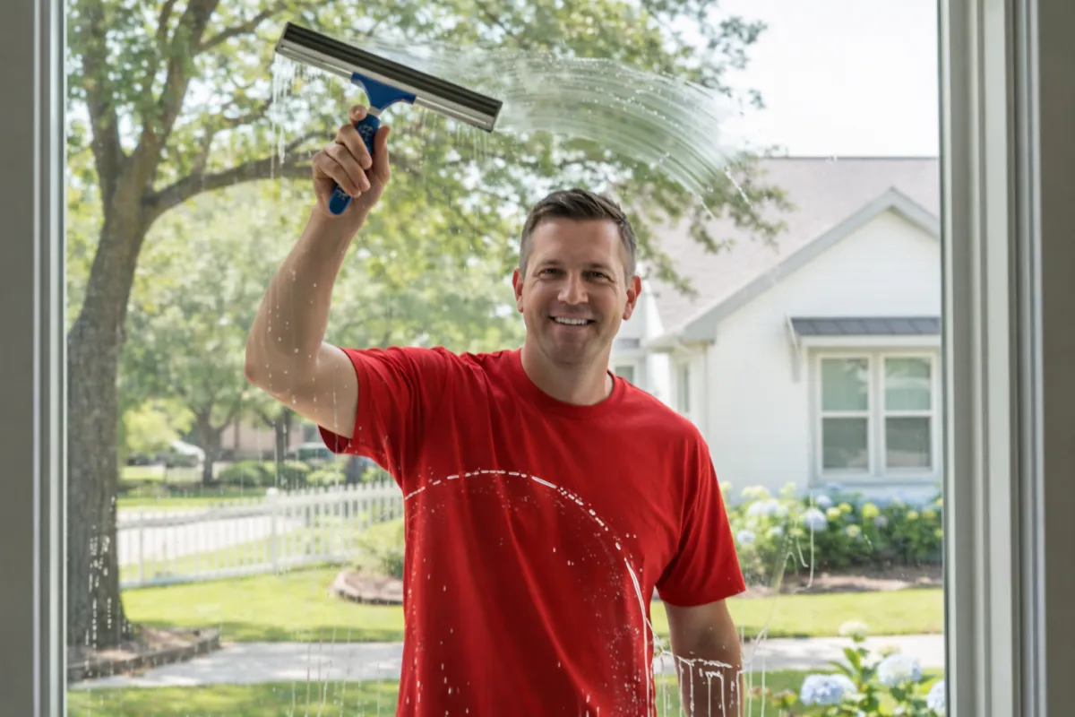Professional window cleaner working on a home in Hunt County, Texas