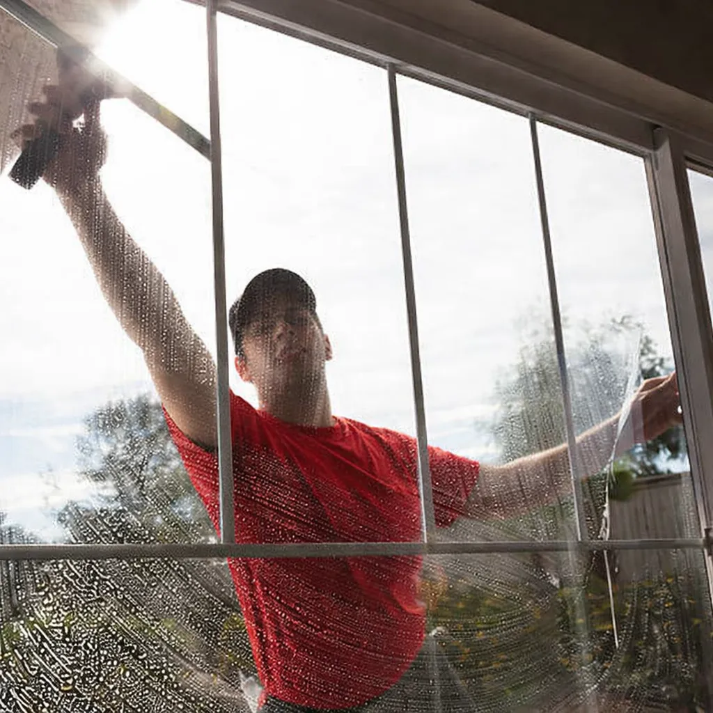 Technician cleaning residential windows in Hunt County