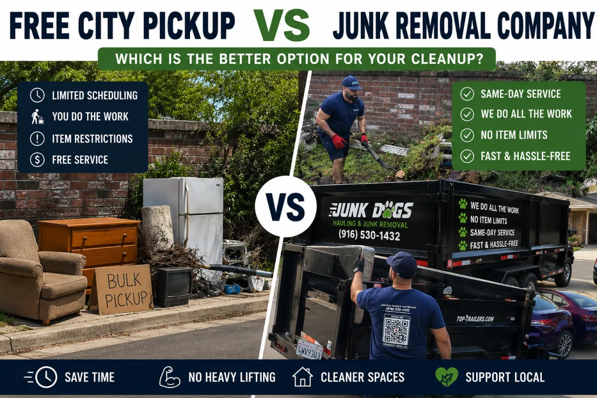 Junk Dogs hauling junk in Elk Grove comparing free city pickup vs full-service junk removal in Sacramento