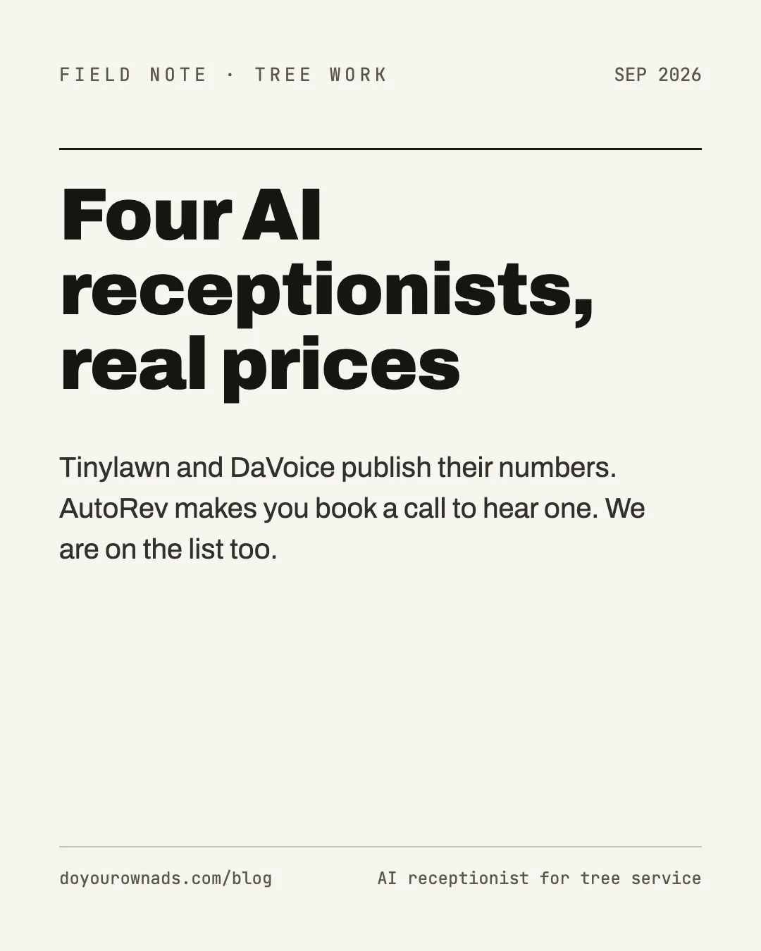 Typographic card reading: Four AI receptionists, real prices