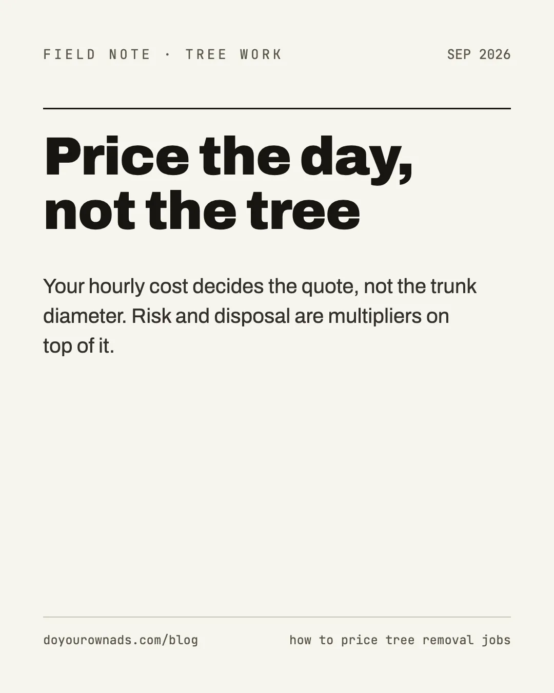 Field note card reading Price the day, not the tree