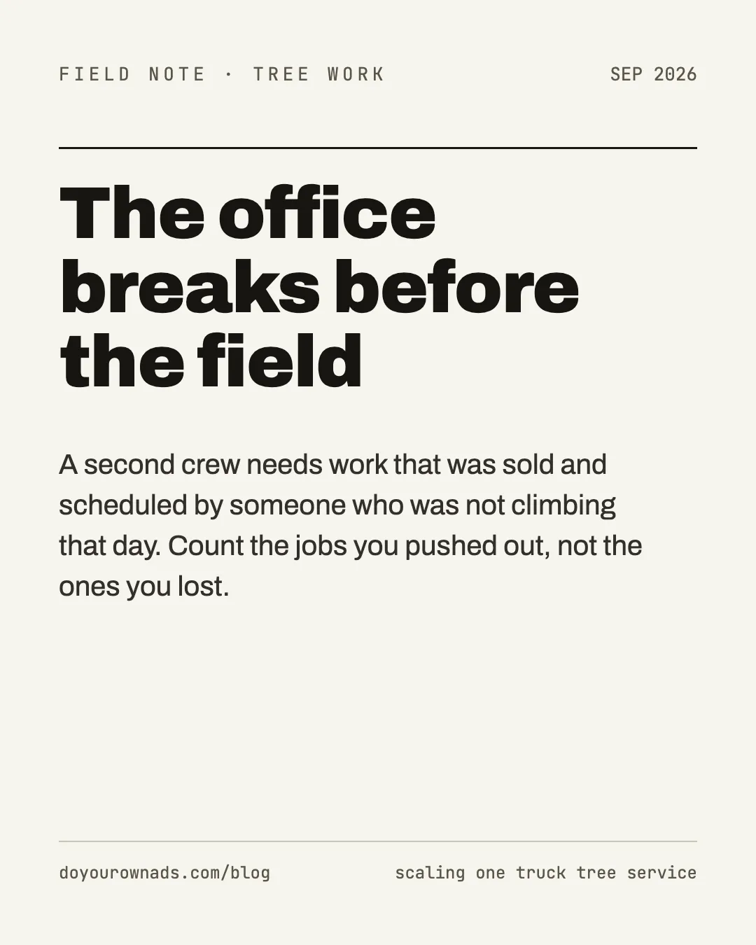 Field note card: the office breaks before the field