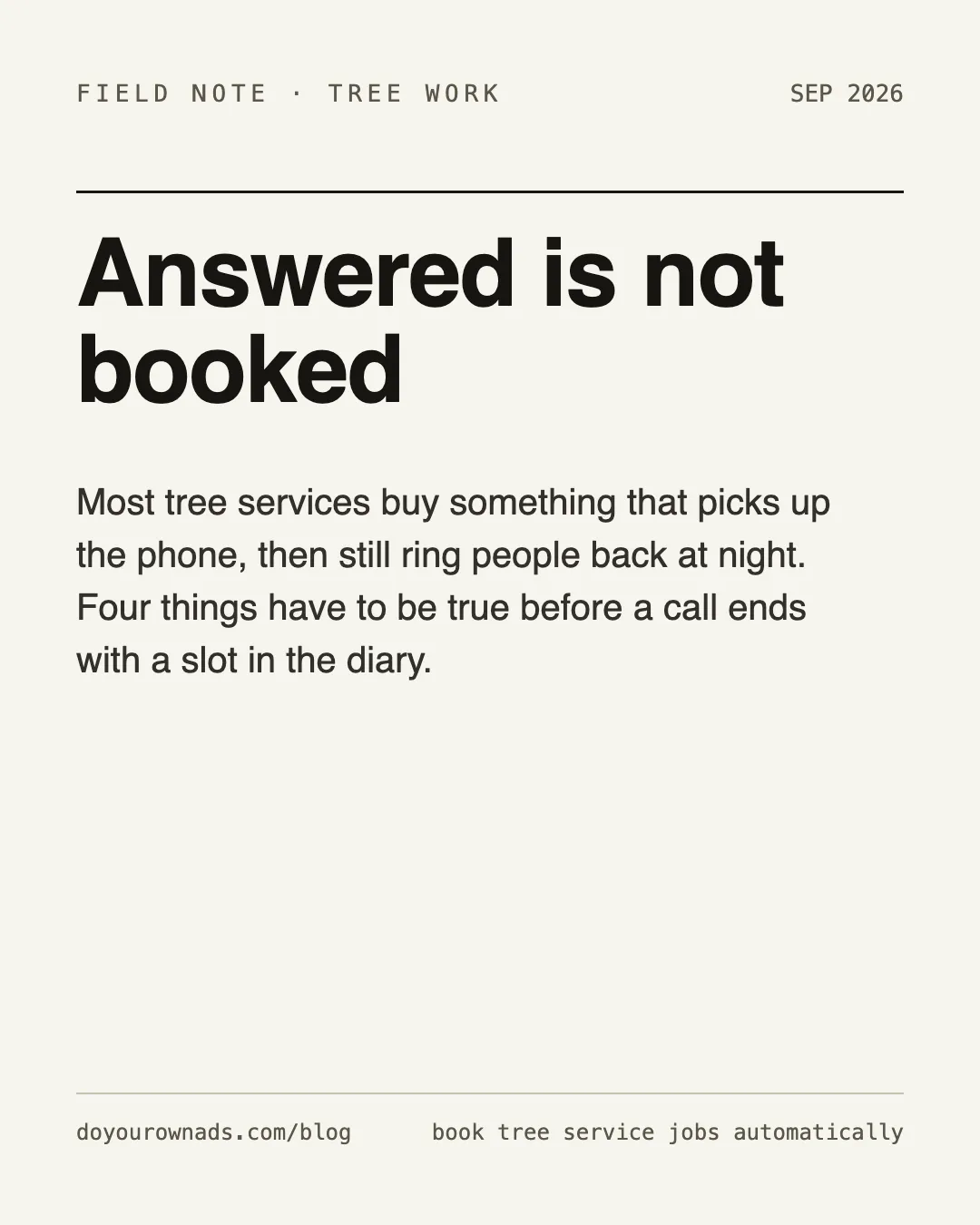 Field note card reading: answered is not booked