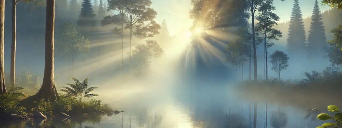 Peaceful forest landscape at sunrise with rays of sunlight filtering through trees over a misty lake, symbolizing spiritual wellness and self-discovery for the Spiritual Refresh Program.