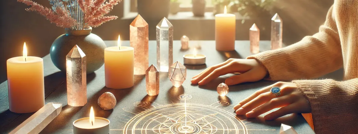 Reiki attunement options display with crystals, candles, and hands near energy symbols, symbolizing different levels of attunement in a serene, calming environment.