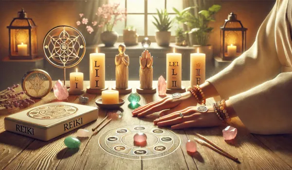 Serene setup for Reiki Attunement Options and Pricing, featuring symbolic elements like crystals and candles arranged to represent Level I, Level II, and Master Level attunements, creating a warm, tranquil atmosphere.