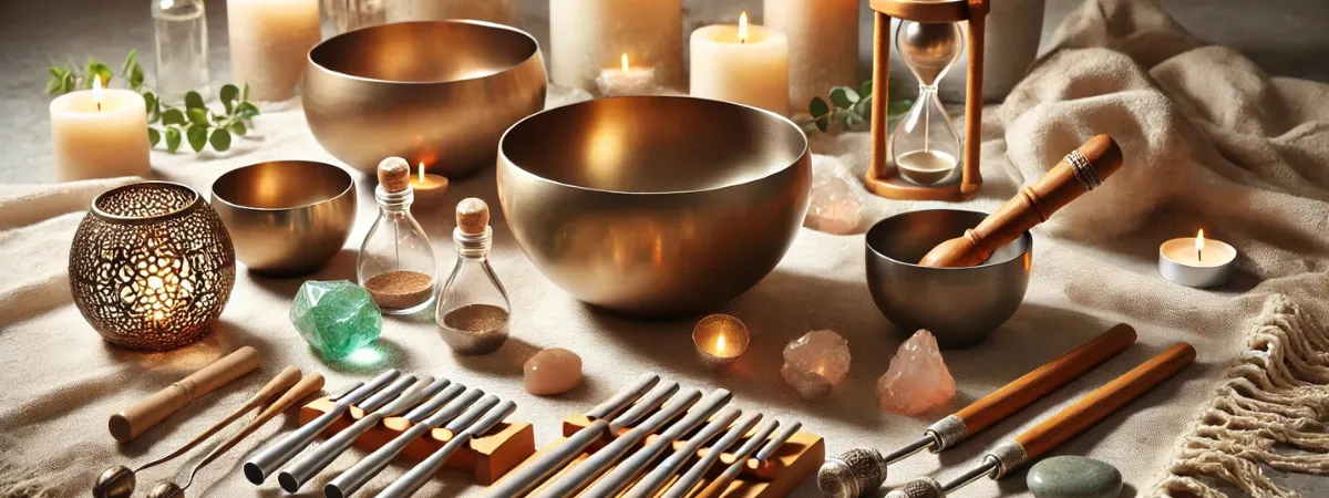 A tranquil scene featuring sound healing instruments such as singing bowls, chimes, and tuning forks, surrounded by crystals and candles, creating a peaceful and harmonious atmosphere for healing.