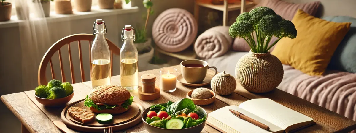 A serene scene showing a healthy meal and a mindfulness practice, with calming elements like candles and plants, symbolizing the connection between mindful eating and overall wellness.