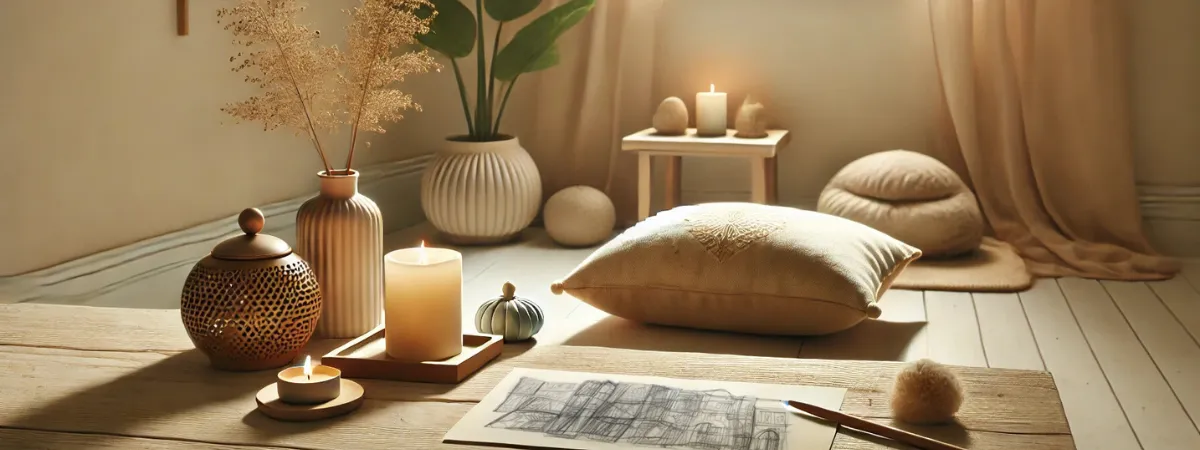 A serene environment with a meditation cushion, candles, and calming decor, representing the peaceful and grounding aspects of the Mindfulness Membership.