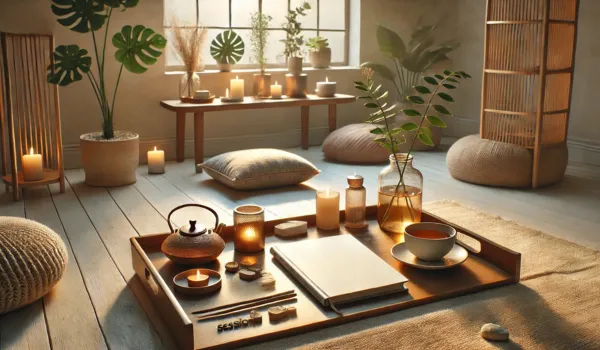 A tranquil space with a journal, candles, and mindfulness tools, showcasing the options available in the Mindfulness Membership for personal growth and peace.