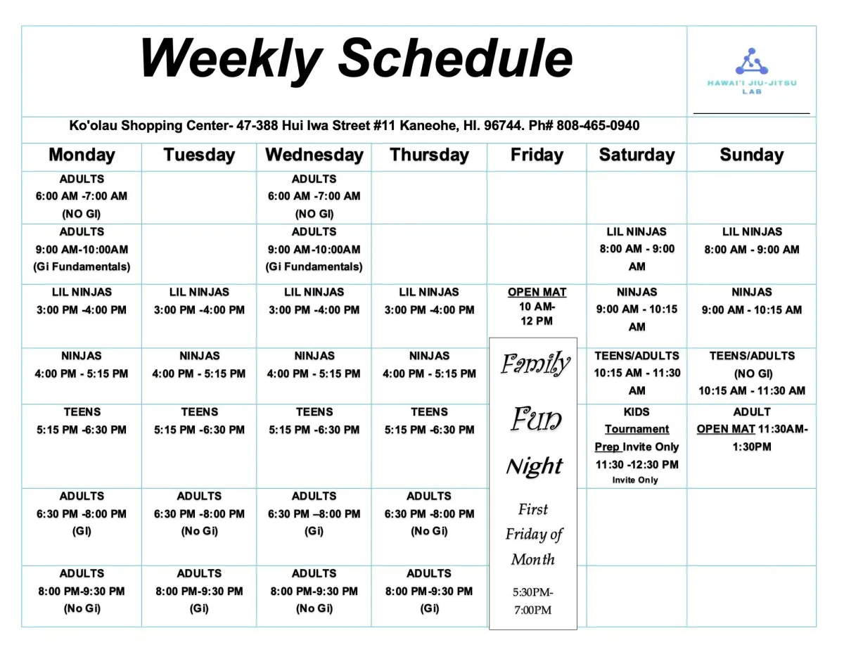 Hawaii Jiu-Jitsu Lab Schedule