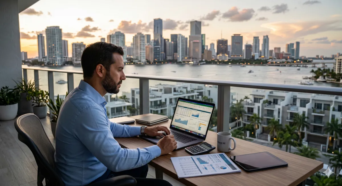 Inversionista revisando una propiedad de inversión en Miami con enfoque en préstamo DSCR, renta estimada, flujo de caja y financiamiento inmobiliario en Florida sin mostrar ingresos.