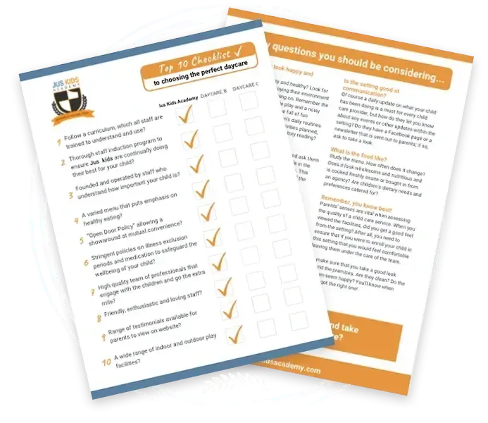 Two overlapping daycare checklist pages with questions and boxes to check, branded with Jus Kids logo.