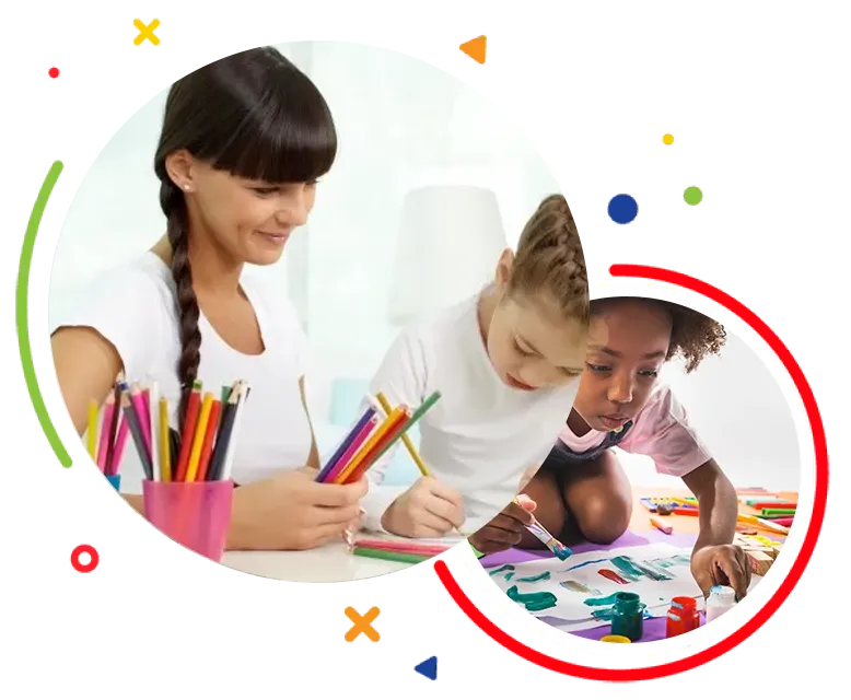 A teacher helps a child with colored pencils while another child paints on paper with brushes and paint.